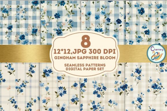 Seamless Paper: Gingham Sapphire Bloom for Designers